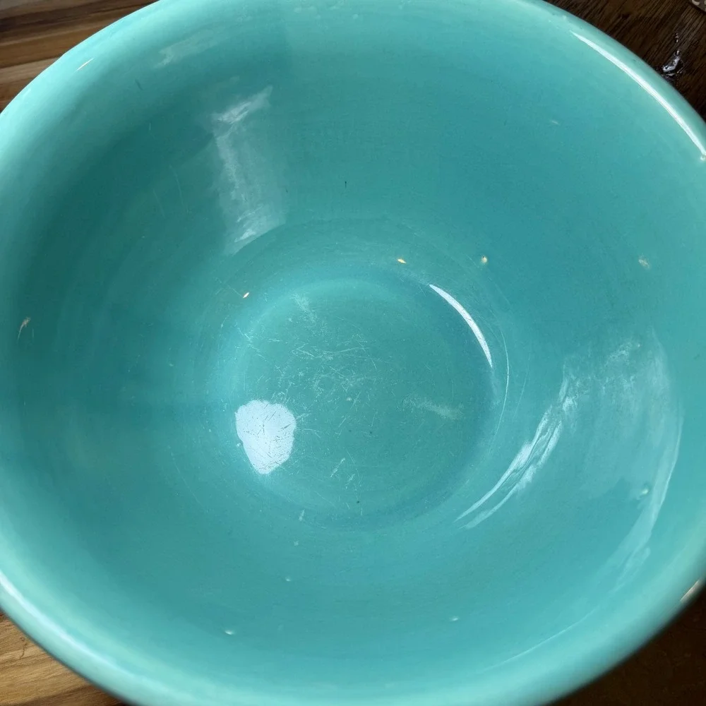 Vintage Aqua Turquoise Ribbed Pottery Mixing Bowl 10.5